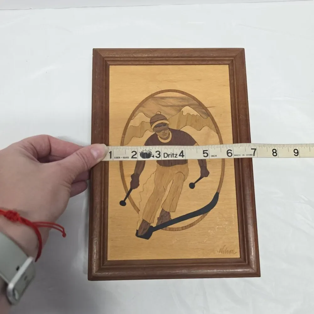 Vintage Marquetry Wood Inlay Snow Skier 6.75 X 9.75 Hudson River Signed NELSON